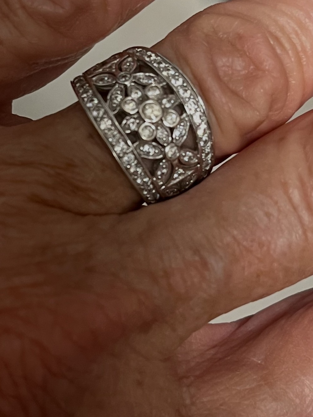 Source Unknown Silver Floral Filigree CZ Wide Band Ring